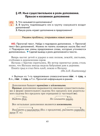 63
§ 49. Имя существительное в роли дополнения.
Прямое и косвенное дополнение
1. Что называется дополнением?
2. В группу подлежащего или в группу сказуемого входит
дополнение?
3. Какую роль играет дополнение в предложении?
Решаем проблему, открываем новые знания
442. Прочитай текст. Найди и подчеркни дополнения. Прочитай
текст без дополнений. Можно ли понять основную мысль без них?
Подчеркни как члены предложения слова, которые уточняются
дополнениями. Сделай вывод о роли дополнений в тексте.
Вихрь настиг детей и ударил в них песком, землёй, листьями,
стеблями и деревенским сором.
Наташа с братом спрятались. Но ветер пригнетал рожь столь
низко, что Наташа иногда видела бабушкин дом и деревню.
Пошёл град и стал бить хлеб, землю и Наташу.
(По А.П. Платонову)
Выпиши из 1-го предложения словосочетания глаг. + сущ. в
В.п., глаг. + сущ. в Т.п. Прочитай информацию в рамке.
Дополнения бывают прямы
,
ми и ко
,
свенными.
Прямые дополнения выражаются именами существительны-
ми в форме винительного падежа без предлога или родитель-
ного падежа без предлога при отрицании (с частицей не).
Видеть дом. Не слышать шума.
Все остальные дополнения являются косвенными.
Выиграть в шахматы (В.п. с предлогом), рисовать каранда-
шом (Т. п.).
×
×
××
× ×
В.п. Р.п.
 