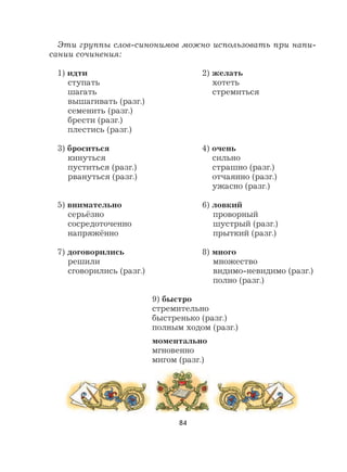 84
Эти группы слов-синонимов можно использовать при напи-
сании сочинения:
1) идти 2) желать
ступать хотеть
шагать стремиться
вышагивать (разг.)
семенить (разг.)
брести (разг.)
плестись (разг.)
3) броситься 4) очень
кинуться сильно
пуститься (разг.) страшно (разг.)
рвануться (разг.) отчаянно (разг.)
ужасно (разг.)
5) внимательно 6) ловкий
серьёзно проворный
сосредоточенно шустрый (разг.)
напряжённо прыткий (разг.)
7) договорились 8) много
решили множество
сговорились (разг.) видимо-невидимо (разг.)
полно (разг.)
9) быстро
стремительно
быстренько (разг.)
полным ходом (разг.)
моментально
мгновенно
мигом (разг.)
 