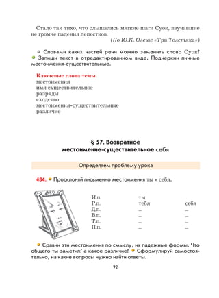 92
Стало так тихо, что слышались мягкие шаги Суок, звучавшие
не громче падения лепестков.
(По Ю.К. Олеше «Три Толстяка»)
Словами каких частей речи можно заменить слово Суок?
Запиши текст в отредактированном виде. Подчеркни личные
местоимения-существительные.
Ключевые слова темы:
местоимения
имя существительное
разряды
сходство
местоимения-существительные
различие
§ 57. Возвратное
местоимение-существительное себя
Определяем проблему урока
484. Просклоняй письменно местоимения ты и себя.
И.п. ты
Р.п. тебя себя
Д.п. ... ...
В.п. ... ...
Т.п. ... ...
П.п. ... ...
Сравни эти местоимения по смыслу, их падежные формы. Что
общего ты заметил? а какое различие? Сформулируй самостоя-
тельно, на какие вопросы нужно найти ответы.
 