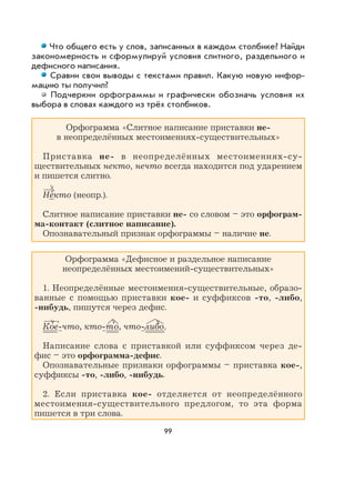 99
Что общего есть у слов, записанных в каждом столбике? Найди
закономерность и сформулируй условия слитного, раздельного и
дефисного написания.
Сравни свои выводы с текстами правил. Какую новую инфор-
мацию ты получил?
Подчеркни орфограммы и графически обозначь условия их
выбора в словах каждого из трёх столбиков.
Орфограмма «Слитное написание приставки не-
в неопределённых местоимениях-существительных»
Приставка не- в неопределённых местоимениях-су-
ществительных некто, нечто всегда находится под ударением
и пишется слитно.
Некто (неопр.).
Слитное написание приставки не- со словом – это орфограм-
ма-контакт (слитное написание).
Опознавательный признак орфограммы – наличие не.
Орфограмма «Дефисное и раздельное написание
неопределённых местоимений-существительных»
1. Неопределённые местоимения-существительные, образо-
ванные с помощью приставки кое- и суффиксов -то, -либо,
-нибудь, пишутся через дефис.
Кое-что, кто-то, что-либо.
Написание слова с приставкой или суффиксом через де-
фис – это орфограмма-дефис.
Опознавательные признаки орфограммы – приставка кое-,
суффиксы -то, -либо, -нибудь.
2. Если приставка кое- отделяется от неопределённого
местоимения-существительного предлогом, то эта форма
пишется в три слова.
,
 