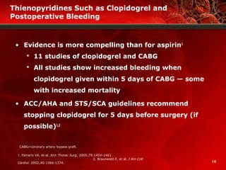 10
Thienopyridines Such as Clopidogrel and
Postoperative Bleeding
• Evidence is more compelling than for aspirin1
 11 studies of clopidogrel and CABG
 All studies show increased bleeding when
clopidogrel given within 5 days of CABG — some
with increased mortality
• ACC/AHA and STS/SCA guidelines recommend
stopping clopidogrel for 5 days before surgery (if
possible)1,2
1. Ferraris VA, et al. Ann Thorac Surg. 2005;79:1454-1461.
2. Braunwald E, et al. J Am Coll
Cardiol. 2002;40:1366-1374.
CABG=coronary artery bypass graft.
 