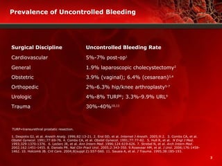 3
Prevalence of Uncontrolled Bleeding
Surgical Discipline Uncontrolled Bleeding Rate
Cardiovascular 5%-7% post-op1
General 1.9% laparoscopic cholecystectomy2
Obstetric 3.9% (vaginal); 6.4% (cesarean)3,4
Orthopedic 2%-6.3% hip/knee arthroplasty5-7
Urologic 4%-8% TURP8
; 3.3%-9.9% URL9
Trauma 30%-40%10,11
1. Despotis GJ, et al. Anesth Analg. 1996;82:13-21. 2. Erol DD, et al. Internet J Anesth. 2005;9:2. 3. Combs CA, et al.
Obstet Gynecol. 1991;77:69-76. 4. Combs CA, et al. Obstet Gynecol. 1991;77:77-82. 5. Hull R, et al. N Engl J Med.
1993;329:1370-1376. 6. Leclerc JR, et al. Ann Intern Med. 1996;124:619-626. 7. Strebel N, et al. Arch Intern Med.
2002;162:1451-1455. 8. Daniels PR. Nat Clin Pract Urol. 2005;2:343-350. 9.Rosevear HM, et al. J Urol. 2006;176:1458-
1462. 10. Holcomb JB. Crit Care. 2004;8(suppl 2):S57-S60. 11. Sauaia A, et al. J Trauma. 1995;38:185-193.
TURP=transurethral prostatic resection.
 