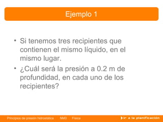 Ejemplo 1


    • Si tenemos tres recipientes que
      contienen el mismo líquido, en el
      mismo lugar.
    • ¿Cuál será la presión a 0.2 m de
      profundidad, en cada uno de los
      recipientes?



Principios de presión hidrostática   NM3   Física
 