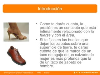 Introducción


                                     • Como te darás cuenta, la
                                       presión es un concepto que está
                                       íntimamente relacionado con la
                                       fuerza y con el área.
                                     • Si te fijas en las huellas que
                                       dejan los zapatos sobre una
                                       superficie de tierra, te darás
                                       cuenta de que la marca de un
                                       taco de aguja de un calzado de
                                       mujer es más profunda que la
                                       de un taco de zapato de
                                       hombre.
Principios de presión hidrostática   NM3   Física
 