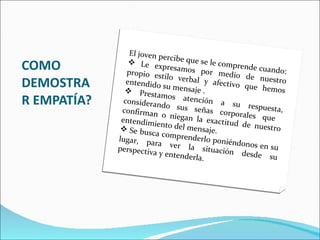 COMO DEMOSTRAR EMPATÍA? El joven percibe que se le comprende cuando: Le expresamos por medio de nuestro propio estilo verbal y afectivo que hemos entendido su mensaje . Prestamos atención a su respuesta, considerando sus señas corporales que  confirman o niegan la exactitud de nuestro entendimiento del mensaje. Se busca comprenderlo poniéndonos en su lugar, para ver la situación desde su perspectiva y entenderla.  