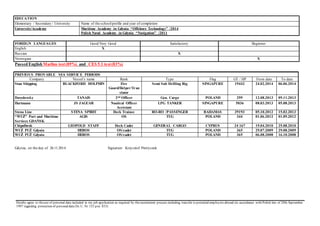 EDUCATION 
Elementary / Secondary / University Name of the school/profile and year of completion 
University/Academy 
Maritime Academy in Gdynia “Offshore Technology” /2014 
Polish Naval Academy in Gdynia “Navigation” /2011 
FOREIGN LANGUAGES Good/Very Good Satisfactory Beginner 
English X 
Russian X 
Norwegian X 
Passed English Marlins test (89%) and CES 5.1 test (83%) 
PREVIOUS PROVABLE SEA SERVICE PERIODS 
Company Vessel’s name Rank Type Flag GT / HP From date To date 
Stan Shipping BLACKFORD DOLPHIN Fire 
Guard/Helper/Tran 
slator 
Semi Sub Drilling Rig SINGAPURE 19442 24.02.2014 06.06.2014 
Davydovsky TANAIS 2nd Officer Gen. Cargo POLAND 299 12.08.2013 09.11.2013 
Hartmann JS JAGUAR Nautical Officer 
Assistant 
LPG TANKER SINGAPURE 5036 08.03.2013 05.08.2013 
Stena Line STENA SPIRIT Deck Trainee RO-RO /PASSENGER BAHAMAS 39193 05.10.2012 15.02.2013 
“WUŻ” Port and Maritime 
AGIS OS TUG POLAND 344 01.06.2012 01.09.2012 
Services GDAŃSK 
Chipolbrok LEOPOLD STAFF Deck Cadet GENERAL CARGO CYPRUS 24 167 19.04.2010 25.08.2010 
WUŻ PUŻ Gdynia HEROS OS/cadet TUG POLAND 365 29.07.2009 29.08.2009 
WUŻ PUŻ Gdynia HEROS OS/cadet TUG POLAND 365 06.08.2008 16.10.2008 
Gdynia, on the day of 26.11.2014 
Signature Krzysztof Pietryczuk 
Hereby agree to the use of personal data included in my job application as required by the recruitment process including transfer to potential employers abroad (in accordance with Polish law of 29th September 
1997 regarding protection of personal data Dz.U. Nr 133 poz. 833) 
