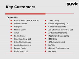 Key Customers
 Bank – HDFC/SBI/BOI/BOB
 Indian Airforce
 Welspun
 Mother Dairy
 Amul
 Cadila Group
 Guj. Elec. Corp Ltd
 Usha Martin Cables
 Apollo Constrctions
 Berger Paints
 RPG Cables Ltd
Online UPS
 Adani Group
 Elecon Engineering Ltd
 Concord Biotech Ltd
 Jay Chemical Industries Ltd
 Zydus Healthcare Ltd
 Meghmani Organics Ltd
 IFFCO Ltd
 GAIL India Limited
 L&T Ltd
 Gujarat Tea Processors
 Nirma Ltd
 