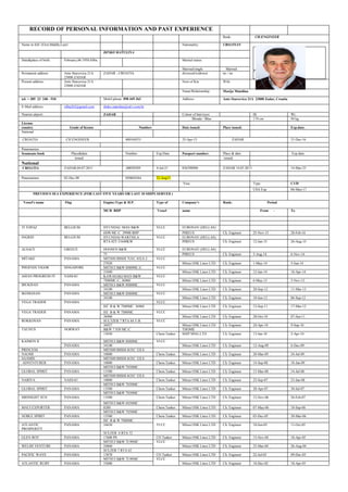 RECORD OF PERSONAL INFORMATION AND PAST EXPERIENCE
Rank: CH.ENGINEER
Name in full: (First,Middle,Last) Nationality: CROATIAN
Photo
DINKO MATULINA
Date&place of birth: February,06.1950.Silba Marital status:
Married/single Married
Permanent address: Ante Starcevica 21A
23000 ZADAR
ZADAR - CROATIA divorced/widower no / no
Present address: Ante Starcevica 21A
23000 ZADAR
Next of Kin Wife
Name/Relationship: Marija Matulina
tel: + 385 23 240 - 910 Mobil phone: 098 449 363 Address: Ante Starcevica 21A 23000 Zadar, Croatia
E-Mail address: silba262@gmail.com dinko.matulina@zd.t-com.hr
Nearest airport: ZADAR Colour of hair/eyes: Ht Wt.
Blonde / Blue 174 cm 94 kg
License
country Grade of license Number: Date issued: Place issued: Exp.date.
National
CROATIA CH.ENGINEER 400169531 25-Apr-13 ZADAR 31-Dec-16
Panamanian:
Seameans book Place&date Number: Exp.Date Passport number: Place & date Exp.date.
issued issued
National
CROATIA ZADAR,04.07.2011 ,00050389 4-Jul-21 036398896 ZADAR 14.03.2013 14-Mar-23
Panamanian: 02-Dec-08 050044364 22-Aug13
Visa: Type C1/D
USA Exp 06-May-17
PREVIOUS SEA EXPERIENCE (FOR LAST FIVE YEARS OR LAST 10 SHIPS SERVED )
Vessel's name Flag Engine:Type & H.P. Type of Company's Rank: Period
MCR BHP Vessel name From - To
TI TOPAZ BELGIUM HYUNDAI- MAN B&W VLCC EURONAV (HELLAS)
6S90 MC-C 39900 BHP PIREUS Ch. Engineer 25-Nov-15 28-Feb-16
INGRID BELGIUM HYUNDAI-WARTSILA VLCC EURONAV (HELLAS)
RTA 82T-31640KW PIREUS Ch. Engineer 12-Jan-15 26-Aug-15
ALSACE GREECE DOOSEN B&W VLCC EURONAV (HELLAS)
75 PIREUS Ch. Engineer 5-Aug-14 6-Nov-14
MITAKE PANAMA MITSHUBISHI 7UEC 85LS-2 VLCC
27020 Mitsui OSK Lines LTD Ch. Engineer 1-May-14 5-Jun-14
PHOENIX VIGOR SINGAPORE MITSUI B&W 8S80MC-C VLCC
31040 Mitsui OSK Lines LTD Ch. Engineer 12-Jan-14 18-Apr-14
ASIAN PROGRESS IV NASSAU KAWASAKI-MAN B&W VLCC
7S80MC-C; 36960 Mitsui OSK Lines LTD Ch. Engineer 6-May-13 5-Nov-13
IBUKISAN PANAMA MITSUI B&W 8S80MC VLCC
34100 Mitsui OSK Lines LTD Ch. Engineer 20-Sep-12 11-Mar-13
IKOMASAN PANAMA MITSUI B&W 8S80MC VLCC
34100 Mitsui OSK Lines LTD Ch. Engineer 10-Jun-12 06-Sep-12
VEGA TRADER PANAMA VLCC
HZ B & W 7S80MC 36960 Mitsui OSK Lines LTD Ch. Engineer 12-Sep-11 17-Mar-12
VEGA TRADER PANAMA HZ B & W 7S80MC VLCC
36960 Mitsui OSK Lines LTD Ch. Engineer 28-Oct-10 07-Jun-11
ROKKOSAN PANAMA SULTZER 7 RTA 84 T-B VLCC
36927 Mitsui OSK Lines LTD Ch. Engineer 24-Apr-10 9-Sep-10
TAUNUS NORWAY B&W 7 S50 MC-C THOME
15050 Chem.Tanker SHIP MNG.LTD Ch. Engineer 13-Jan-10 2-Apr-10
KAIMON II MITSUI B&W 8S80MC VLCC
PANAMA 34100 Mitsui OSK Lines LTD Ch. Engineer 12-Aug-09 6-Dec-09
PRINCESS MITSHUBISHI 6UEC 52LS
NAOMI PANAMA 10800 Chem.Tanker Mitsui OSK Lines LTD Ch. Engineer 20-Mar-09 24-Jul-09
SAAMIS MITSHUBISHI 6UEC 52LS
ADVENTURER PANAMA 10800 Chem.Tanker Mitsui OSK Lines LTD Ch. Engineer 14-Sep-08 18-Jan-09
MITSUI B&W 7S50MC
GLOBAL SPIRIT PANAMA 13580 Chem.Tanker Mitsui OSK Lines LTD Ch. Engineer 13-Mar-08 14-Jul-08
MITSHUBISHI 6UEC 52LS
NARIVA NASSAU 10800 Chem.Tanker Mitsui OSK Lines LTD Ch. Engineer 22-Sep-07 23-Jan-08
MITSUI B&W 7S50MC
GLOBAL SPIRIT PANAMA 13580 Chem.Tanker Mitsui OSK Lines LTD Ch. Engineer 20-Apr-07 30-Jul-07
MITSUI B&W 7S50MC
MIDNIGHT SUN PANAMA 13580 Chem.Tanker Mitsui OSK Lines LTD Ch. Engineer 12-Nov-06 26-Feb-07
MITSUI B&W 6S50MC
MAUI EXPORTER PANAMA 8280 Chem.Tanker Mitsui OSK Lines LTD Ch. Engineer 07-May-06 18-Sep-06
MITSUI B&W 7S50MC
NOBLE SPIRIT PANAMA 13580 Chem.Tanker Mitsui OSK Lines LTD Ch. Engineer 03-Dec-05 30-Mar-06
HZ B & W 7S80MC
VLCCATLANTIC
PROSPERITY
PANAMA 34650 Mitsui OSK Lines LTD Ch. Engineer 10-Jun-05 11-Oct-05
SULZER 6 RTA 72
GLEN ROY PANAMA 17600 PS CO Tanker Mitsui OSK Lines LTD Ch. Engineer 13-Nov-04 18-Apr-05
MITSUI B&W 7L90MC VLCC
WELSH VENTURE PANAMA 24860 Mitsui OSK Lines LTD Ch. Engineer 23-Mar-04 26-Aug-04
SULZER 7 RTA 62
PACIFIC WAVE PANAMA 13870 CO Tanker Mitsui OSK Lines LTD Ch. Engineer 22-Jul-03 09-Dec-03
MITSUI B&W 7L90MC VLCC
ATLANTIC RUBY PANAMA 33000 Mitsui OSK Lines LTD Ch. Engineer 18-Dec-02 18-Apr-03
 