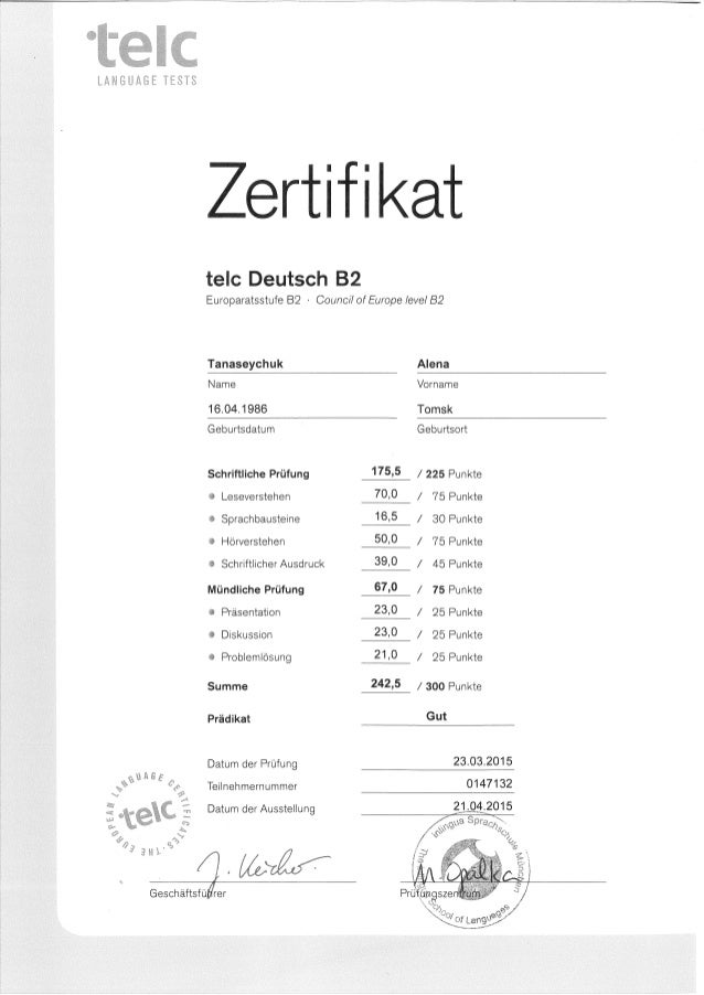Alyona Tanaseychuk B2 Deutsch Telc Zertifikat