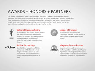 AWARDS + HONORS + PARTNERS
The biggest Award for our team is our customers’ success. It’s always a pleasure to get positive
feedbacks and appreciation from clients whose success we helped achieve. Each member of QuartSoft
Corp. rejoices every time one of our customers gets back to us with a new project or refers other
people to our team. We also enjoy receiving awards praising our hard work. And, of course, we
appreciate our good partners who make us stronger in what we do.
National Business Rating
QuartSoft Corp. was ranked in 17th place in
the "Standard Software Development"
category on the basis of 2 years indicators
among companies of all forms of
ownership operating in Donetsk region,
Ukraine.
Sphinx Partnership
QuartSoft Corp is a partner of Sphinx -
open source full text search server,
designed from the ground up with
performance, relevance (aka search
quality), and integration simplicity in
mind.
Leader of Industry
QuartSoft Corp. was named the
Company of the Year 2010 in Ukraine in
the Standard Software Development
category.
Magento Bronze Partner
Magento being a leading ecommerce
platform, we have established a Magento
department with Magento professionals
experienced in successful development of
ecommerce solutions of any complexity.
 