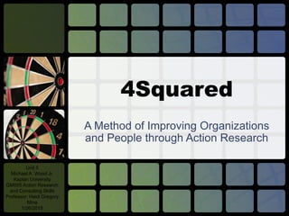 4Squared
A Method of Improving Organizations
and People through Action Research
Unit 5
Michael A. Wood Jr.
Kaplan University
GM505 Action Research
and Consulting Skills
Professor: Heidi Gregory
Mina
1/26/2015
 