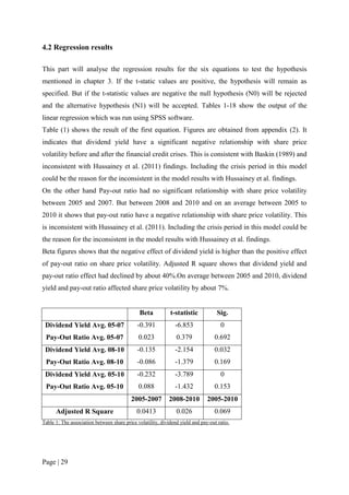 Page | 29
4.2 Regression results
This part will analyse the regression results for the six equations to test the hypothesis
mentioned in chapter 3. If the t-static values are positive, the hypothesis will remain as
specified. But if the t-statistic values are negative the null hypothesis (N0) will be rejected
and the alternative hypothesis (N1) will be accepted. Tables 1-18 show the output of the
linear regression which was run using SPSS software.
Table (1) shows the result of the first equation. Figures are obtained from appendix (2). It
indicates that dividend yield have a significant negative relationship with share price
volatility before and after the financial credit crises. This is consistent with Baskin (1989) and
inconsistent with Hussainey et al. (2011) findings. Including the crisis period in this model
could be the reason for the inconsistent in the model results with Hussainey et al. findings.
On the other hand Pay-out ratio had no significant relationship with share price volatility
between 2005 and 2007. But between 2008 and 2010 and on an average between 2005 to
2010 it shows that pay-out ratio have a negative relationship with share price volatility. This
is inconsistent with Hussainey et al. (2011). Including the crisis period in this model could be
the reason for the inconsistent in the model results with Hussainey et al. findings.
Beta figures shows that the negative effect of dividend yield is higher than the positive effect
of pay-out ratio on share price volatility. Adjusted R square shows that dividend yield and
pay-out ratio effect had declined by about 40%.On average between 2005 and 2010, dividend
yield and pay-out ratio affected share price volatility by about 7%.
Beta t-statistic Sig.
Dividend Yield Avg. 05-07 -0.391 -6.853 0
Pay-Out Ratio Avg. 05-07 0.023 0.379 0.692
Dividend Yield Avg. 08-10 -0.135 -2.154 0.032
Pay-Out Ratio Avg. 08-10 -0.086 -1.379 0.169
Dividend Yield Avg. 05-10 -0.232 -3.789 0
Pay-Out Ratio Avg. 05-10 0.088 -1.432 0.153
2005-2007 2008-2010 2005-2010
Adjusted R Square 0.0413 0.026 0.069
Table 1: The association between share price volatility, dividend yield and pay-out ratio.
 