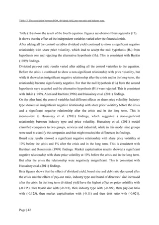Page | 42
Table 15: The association between ROA, dividend yield, pay-out ratio and industry type.
Table (16) shows the result of the fourth equation. Figures are obtained from appendix (17).
It shows that the effect of the independent variables varied after the financial crisis.
After adding all the control variables dividend yield continued to show a significant negative
relationship with share price volatility, which lead to accept the null hypothesis (H0) from
hypothesis one and rejecting the alternative hypothesis (H1). This is consistent with Baskin
(1989) findings.
Dividend pay-out ratio results varied after adding all the control variables to the equation.
Before the crisis it continued to show a non-significant relationship with price volatility, but
while it showed an insignificant negative relationship after the crisis and in the long-term, the
relationship became significantly negative. For that the null hypothesis (H0) from the second
hypothesis were accepted and the alternative hypothesis (H1) were rejected. This is consistent
with Bakin (1989), Allen and Rachim (1996) and Hussainey et al. (2011) findings.
On the other hand the control variables had different effects on share price volatility. Industry
type showed an insignificant negative relationship with share price volatility before the crisis
and a significant negative relationship after the crisis and in the long term. This is
inconsistent to Hussainey et al. (2011) findings, which suggested a non-significant
relationship between industry type and price volatility. Hussainey et al. (2011) model
classified companies to two groups, services and industrial, while in this model nine groups
were used to classify the companies and that might resulted the differences in findings.
Board size results showed a significant negative relationship with share price volatility at
10% before the crisis and 1% after the crisis and in the long term. This is consistent with
Barnhart and Rosenstein (1998) findings. Market capitalisation results showed a significant
negative relationship with share price volatility at 10% before the crisis and in the long term.
But after the crisis the relationship were negatively insignificant. This is consistent with
Hussainey et al. (2011) findings.
Beta figures shows that the effect of dividend yield, board size and debt ratio decreased after
the crisis and the effect of pay-out ratio, industry type and board of directors’ size increased
after the crisis. In the long term dividend yield have the highest effect on price volatility with
(-0.235), then board size with (-0.218), then industry type with (-0.209), then pay-out ratio
with (-0.125), then market capitalisation with (-0.11) and then debt ratio with (-0.021).
 
