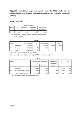 Page | 61
Appendix (2): Linear regression results from the SPSS model for the
relationship between dividend yield and dividend pay-out ratio with share price
volatility.
Average 2005-2007.
Model Summary
Model R R Square Adjusted R
Square
Std. Error of
the Estimate
1 .386a
.149 .143 7.901
a. Predictors: (Constant), Pay-Out Ratio Avg. 05-07, Dividend
Yield Avg. 05-07
ANOVAa
Model Sum of Squares df Mean Square F Sig.
1
Regression 3045.925 2 1522.962 24.397 .000b
Residual 17415.990 279 62.423
Total 20461.915 281
a. Dependent Variable: 360 Volatility Avg. 05-07
b. Predictors: (Constant), Pay-Out Ratio Avg. 05-07, Dividend Yield Avg. 05-07
Coefficientsa
Model Unstandardized Coefficients Standardized
Coefficients
t Sig.
B Std. Error Beta
1
(Constant) 34.385 .961 35.770 .000
Dividend Yield Avg. 05-07 -2.275 .332 -.391 -6.853 .000
Pay-Out Ratio Avg. 05-07 .002 .005 .023 .397 .692
a. Dependent Variable: 360 Volatility Avg. 05-07
 