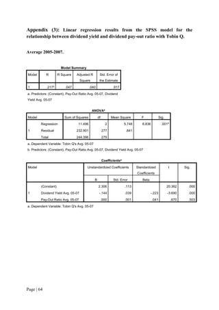 Page | 64
Appendix (3): Linear regression results from the SPSS model for the
relationship between dividend yield and dividend pay-out ratio with Tobin Q.
Average 2005-2007.
Model Summary
Model R R Square Adjusted R
Square
Std. Error of
the Estimate
1 .217a
.047 .040 .917
a. Predictors: (Constant), Pay-Out Ratio Avg. 05-07, Dividend
Yield Avg. 05-07
ANOVAa
Model Sum of Squares df Mean Square F Sig.
1
Regression 11.496 2 5.748 6.836 .001b
Residual 232.901 277 .841
Total 244.396 279
a. Dependent Variable: Tobin Q's Avg. 05-07
b. Predictors: (Constant), Pay-Out Ratio Avg. 05-07, Dividend Yield Avg. 05-07
Coefficientsa
Model Unstandardized Coefficients Standardized
Coefficients
t Sig.
B Std. Error Beta
1
(Constant) 2.306 .113 20.362 .000
Dividend Yield Avg. 05-07 -.144 .039 -.223 -3.690 .000
Pay-Out Ratio Avg. 05-07 .000 .001 .041 .670 .503
a. Dependent Variable: Tobin Q's Avg. 05-07
 