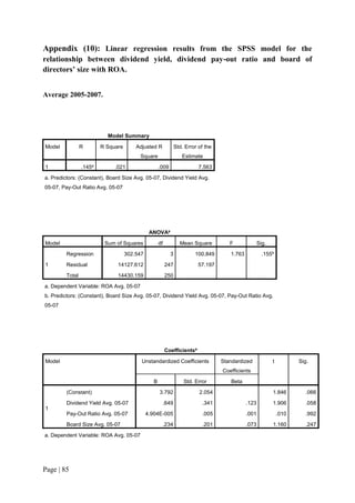 Page | 85
Appendix (10): Linear regression results from the SPSS model for the
relationship between dividend yield, dividend pay-out ratio and board of
directors’ size with ROA.
Average 2005-2007.
Model Summary
Model R R Square Adjusted R
Square
Std. Error of the
Estimate
1 .145a
.021 .009 7.563
a. Predictors: (Constant), Board Size Avg. 05-07, Dividend Yield Avg.
05-07, Pay-Out Ratio Avg. 05-07
ANOVAa
Model Sum of Squares df Mean Square F Sig.
1
Regression 302.547 3 100.849 1.763 .155b
Residual 14127.612 247 57.197
Total 14430.159 250
a. Dependent Variable: ROA Avg. 05-07
b. Predictors: (Constant), Board Size Avg. 05-07, Dividend Yield Avg. 05-07, Pay-Out Ratio Avg.
05-07
Coefficientsa
Model Unstandardized Coefficients Standardized
Coefficients
t Sig.
B Std. Error Beta
1
(Constant) 3.792 2.054 1.846 .066
Dividend Yield Avg. 05-07 .649 .341 .123 1.906 .058
Pay-Out Ratio Avg. 05-07 4.904E-005 .005 .001 .010 .992
Board Size Avg. 05-07 .234 .201 .073 1.160 .247
a. Dependent Variable: ROA Avg. 05-07
 