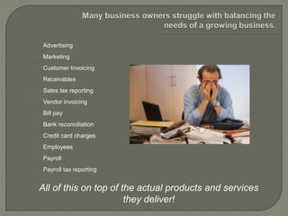• Advertising
• Marketing
• Customer Invoicing
• Receivables
• Sales tax reporting
• Vendor invoicing
• Bill pay
• Bank reconciliation
• Credit card charges
• Employees
• Payroll
• Payroll tax reporting
All of this on top of the actual products and services
they deliver!
 