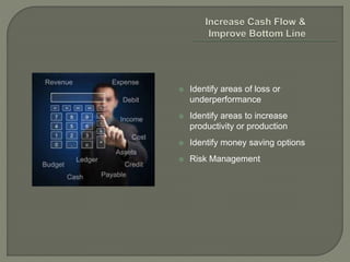  Identify areas of loss or
underperformance
 Identify areas to increase
productivity or production
 Identify money saving options
 Risk Management
 