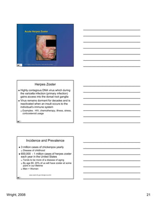 Acute Herpes Zoster




           © Dr P. Marazzi, Science Photo Library. Image used with permission.
                   Marazzi,




                                   Herpes Zoster
        Highly contagious DNA virus which during
        the varicella infection (primary infection)
        gains access into the dorsal root ganglia
        Virus remains dormant for decades and is
        reactivated when an insult occurs to the
        individual’s immune system
          Examples: HIV, chemotherapy, illness, stress,
          corticosteroid usage




               Incidence and Prevalence
         3 million cases of chickenpox yearly
          Disease of childhood
         600,000 - 1 million cases of herpes zoster
         each year in the United States
              y
          Tends to be more of a disease of aging
          By age 80, 20% of us will have zoster at some
          point in our lifetime
          Men = Women

                      www.niaid.nih.gov/shingles/cq.htm




Wright, 2008                                                                     21
 