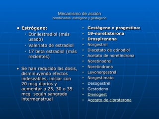  
Mecanismo de acción
 
combinados: estrógeno y gestágeno
 
• Estrógeno:


■ Etinilestradiol (más
usado)


■ Valeriato de estradiol


■ 17 beta estradiol (más
recientes)


• Se han reducido las dosis,
disminuyendo efectos
indeseables, iniciar con
20 mcg diarios y
aumentar a 25, 30 o 35
mcg según sangrado
intermenstrual
■ Gestágeno o progestina:


■ 19-noretisterona


■ Drospirenona


■ Norgestrel


■ Diacetato de etinodiol


■ Acetato de noretindrona


■ Noretinodrel


■ Noretindrona


■ Levonorgestrel


■ Norgestimato


■ Desogestrel


■ Gestodeno


■ Dienogest


■ Acetato de ciproterona
 