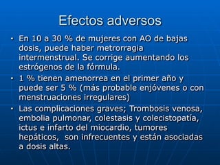 Efectos adversos
■ En 10 a 30 % de mujeres con AO de bajas
dosis, puede haber metrorragia
intermenstrual. Se corrige aumentando los
estrógenos de la fórmula.


■ 1 % tienen amenorrea en el primer año y
puede ser 5 % (más probable enjóvenes o con
menstruaciones irregulares)


■ Las complicaciones graves; Trombosis venosa,
embolia pulmonar, colestasis y colecistopatía,
ictus e infarto del miocardio, tumores
hepáticos, son infrecuentes y están asociadas
a dosis altas.
 