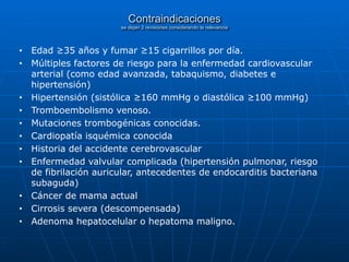 Contraindicaciones
 
se dejan 2 revisiones considerando la relevancia
■ Edad ≥35 años y fumar ≥15 cigarrillos por día.


■ Múltiples factores de riesgo para la enfermedad cardiovascular
arterial (como edad avanzada, tabaquismo, diabetes e
hipertensión)


■ Hipertensión (sistólica ≥160 mmHg o diastólica ≥100 mmHg)


■ Tromboembolismo venoso.


■ Mutaciones trombogénicas conocidas.


■ Cardiopatía isquémica conocida


■ Historia del accidente cerebrovascular


■ Enfermedad valvular complicada (hipertensión pulmonar, riesgo
de fibrilación auricular, antecedentes de endocarditis bacteriana
subaguda)


■ Cáncer de mama actual


■ Cirrosis severa (descompensada)


■ Adenoma hepatocelular o hepatoma maligno.
 