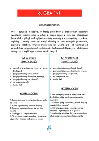 14
6. GRA 1v1
CHARAKTERYSTYKA:
1v1 – Sytuacja meczowa, w której zawodnicy z przeciwnych zespołów
rywalizują między sobą o piłkę, z czego jeden z nich jest atakującym
(zawodnik z piłką), a drugi jest obrońcą. Atakujący wykorzystując szybkość,
drybling i zwody stara się minąć obrońcę w celu zdobycia przestrzeni,
przewagi liczebnej, sytuacji strzeleckiej itp. Dobra gra 1x1 wymaga od
zawodników odpowiednich umiejętności techniczno-taktycznych, właściwego
timingu oraz szybkiego podejmowania decyzji. 
1v1 W ATAKU 
TEMATY ZAJĘĆ:
✓ r ywal ograniczony (np. w poz.
Siedzącej)
✓ pozycja obrońcy (obok siebie)
✓ pozycja obrońcy (frontalnie, twarzą)
✓ pozycja obrońcy (za plecami)
✓ na utrzymanie piłki
✓ turniej 1x1 
 
KRYTERIA OCEN:
1. Sama obecność przeciwnika nie pozwala
na wiele 
2. Rywal ograniczony stwarza kłopoty 
3. Prostymi sposobami stara się oszukać
rywala 
4. Atakując 1x1 używa zwodów 
5. W grze meczowej rozsądnie i skutecznie
używa 1x1 miejsca na bramce w meczu
1v1 W OBRONIE 
TEMATY ZAJĘĆ:
✓ pozycja atakującego (obok siebie)
✓ pozycja atakującego (frontalnie, twarzą)
✓ pozycja obrońcy (za plecami)
✓ na utrzymanie piłki
✓ turniej 1x1
KRYTERIA OCEN:
1. Nie podejmuje walki o odzyskanie piłki 
2. Odbiera piłkę bardzo spontanicznie,
intuicyjnie 
3. Odbiera piłkę świadomie, jednak daje się
oszukać idąc „na raz” 
4. Potraﬁ przyjąć odpowiednią pozycję
obronną i wykorzystać ją w grze 1x1 
5. Podejmuje właściwe decyzje o zwolnieniu
akcji, oraz o momentach ataku na piłkę 
 