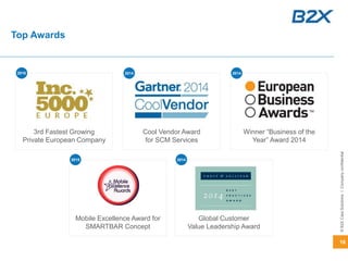 16
©B2XCareSolutionsICompanyconfidential
Top Awards
201420142016
Cool Vendor Award
for SCM Services
Winner “Business of the
Year” Award 2014
3rd Fastest Growing
Private European Company
2015
Mobile Excellence Award for
SMARTBAR Concept
2014
Global Customer
Value Leadership Award
 