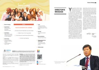 03
SPECIAL COLUMN
Summer / Autumn 2015
Y
oung people are full of energy,
potential, and creativity—three
characteristics that can transform
the world into a better place.
This past April, I was overwhelmed
by the passion and commitment of the
youth who participated in the Global
Youth Advocacy Workshop on Global
Citizenship Education (GCED) organised
by APCEIU. I could feel their enthusiasm
while listening to their impressive speeches
advocating global citizenship.
During the Workshop, young partic-
ipants pledged to think, act and share
as global citizens. Having lived in this
interconnected and interdependent world
since they were little, young people were
very receptive to the concept of global
citizenship. The younger generation has
already experienced rapid technological
advancements and proactively assimilated
new technology into their lives, commu-
nicating with friends from across the
globe. Given proper guidance, the youth
will continue to lead the way in shaping a
peaceful, just, and sustainable world.
In this Summer/Autumn issue, Sang-
Saeng takes a closer look at our younger
generation. Highlighting the innovative
energy of the youth, the articles in this
edition explore ways to empower and
support them so that their voices may be
heard loud and clear. Furthermore, the
articles ahead introduce various efforts
to involve the youth in policy-making
processes, giving them the opportunity to
speak out. Finally, this edition sheds light
on a number of initiatives led by the youth
in the Asia-Pacific region.
Coinciding with this issue’s theme,
APCEIU has just entered the period
of youth. According to the UN and
UNESCO, youth is defined as persons
between the ages of 15 and 24 years, and
APCEIU celebrated its 15th anniversary
on August 25, 2015. As I remarked in the
first part of the message, I firmly believe
that as a youth, APCEIU carries enormous
potential, energy and innovative power
to lead the way in transforming the
world into a better place for all to live by
fostering global citizenship in our younger
generation.
Utak Chung
Director
03 Director’sMessage
04 SpecialColumn
	 Education and the 		
	 Sustainable 			
	 Development Goals
24 SpecialReport
	 Happy Schools: Student 	
	 Perspectives on the Key 	
	 to Learner Wellbeing
28 BestPractices
	28	 Passing on Wisdom 		
through Storytelling in 	
Thailand
	32	 It Takes a Village to
Raise a Child
ISSN 1599-4880 Registration No: 구로바-00017
120, Saemal-ro, Guro-gu, Seoul, Republic of Korea, 08289
Tel: (+82-2) 774-3956 Fax: (+82-2) 774-3958 E-mail:
sangsaeng@unescoapceiu.org Web: www.unescoapceiu.org/
sangsaeng
Publisher: Utak Chung Editor-in-Chief: Kwanghyun Kim
Editor: Sunmi Ji Copy Editor: Yoav Cerralbo Advisory
Committee: Christie Shin (Fashion Institute of Technology),
Christopher Castle (UNESCO), David Atchoarena (UNESCO),
Konai Helu Thaman (University of South Pacific), Namji
Steinemann (East-West Center), Virginia A. Miralao (UNESCO
National Commission of the Philippines)
Designed by: Seoul Selection Printed by: Pyung Hwa Dang
Cover Photo: Youth participants of the Global Youth Advocacy
Workshop ©APCEIU
www.unescoapceiu.org
unescoapceiu
@apceiu
+UnescoAPCEIUorg2014
36 Letter
	 A Helping Hand Goes 		
	 a Long Way in Fostering 	
	 Global Citizenship in Young 	
	People
38 Interview
	 Connecting Youth with 	
	GCED
41 PeaceinMyMemory
	 Education Builds Peace
45 UnderstandingtheAsia-	
	 PacificRegion
	 An Expedition to the 		
	 Traditional Peranakan 	
	Culture
48 APCEIUinAction
SangSaeng (상생) is published three times a year by the Asia-Pacific Centre of
Education for International Understanding (APCEIU) under the auspices of UNESCO.
No.43 Summer / Autumn 2015
SangSaeng (상생), a Korean word with Chinese roots,
is composed of two characters: Sang (相), meaning
“mutual”(each other) and Saeng (生), meaning “life.” Put
together, they mean “living together,” “helping each other,”
which is our vision for the Asia-Pacific region. SangSaeng
(相生) aims to be a forum for constructive discussion of
issues, methods and experiences in the area of Education
for International Understanding. SangSaeng also seeks to
promote Global Citizenship Education, which is one of the
three priorities of Global Education First Initiative launched by
the United Nations in 2012.
Signed articles express the opinions of the authors and do
not necessarily represent the opinions of APCEIU.
FOCUS
YOUTH AS AGENTS OF CHANGE
8 The Planet Does Not Need More Successful People
13 A Better Future in Our Young Hands
16 A Youth Movement Towards Hope and Reconciliation
20 No More Youth Washing
Director’s Message
DIRECTOR’S
MESSAGE
Mr Utak Chung giving a presentation during
the parallel group session at the World
Education Forum 2015
©UNESCO/SungmanLee
SangSaeng is printed on recycled paper.
 