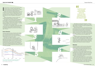 SangSaeng42
Education Builds PeacePEACE IN MY MEMORY
I
am Nyan Kyal Say. It is my pen name. My real name is Naing
Kaung Nyan, and I am currently a medical student at the
University of Medicine (2) in Yangon, Myanmar. As a hobby, I
also draw cartoons, illustrations, logos and animations.
I began to draw and practice making animations when I was 10
years old, but I took a break from creating animations when I was
16. This year, however, I returned to creating animations in order
to participate in the Human Rights Human Dignity International
Film Festival 2015, where my contribution won the March 13
Award.
The title of the animation is I Wanna Go to School, and it
reached many people in Myanmar as well as abroad.
The animation is about a brother and sister who dream of going
to school together, but instead of having their dreams fulfilled, the
duo constantly try to escape obstacles that impede their attempt.
Poverty, child labour, child abuse, gender inequality, child soldier
and human trafficking—all present in the animation—are all obsta-
cles that block their chance to a proper education.
Even though it is a short and simple creation, in three minutes,
I tried to point out the main difficulties and problems that children
in Myanmar face today in regards to achieving an education. I
also attempted to shed light on several issues in terms of children’s
rights in Myanmar.
Power of Education
The reason I focused on the issue of education in this animation
is that I firmly believe that education is the foundation on which
peace can be built. Education is one of the most fundamental
and powerful factors for every person’s life and one of the most
important aspects to the success of a country.
For instance, some children in Myanmar have difficulty
attending school due to poverty. Poverty leads children to work
fulltime jobs instead of going to school. This takes them away from
achieving their goal of getting an education, and a lack of educa-
tion gives them less chance to escape the shackles of poverty. This
uneducated and impoverished state spurs many child labourers,
abuse and human trafficking and dips them deeper and deeper into
a bottomless pit of poverty and despair where education is a far off
notion that is unreachable.
This problem is not only present in Myanmar. According to
the EFA Global Monitoring Report by UNESCO, there are still 58
million children out of school. If we include young adolescents, the
number increases to 124 million.
Education transforms lives. First of all, education helps reduce
poverty. However, there are several obstacles which prevent people
from benefiting from the positive effects of a good education. As
the uneducated and poor generation bears a new generation, so
does the cycle of poverty continue; though the parents wish their
children to attend school, they cannot afford it and end up forcing
their children to help them in work. What is equally heartbreaking
is that this vicious cycle does not have an immediate or easy
solution.
In addition, education combats disease because it helps people
have a sense of hygiene and general health knowledge to build a
healthy diet. There are an alarming number of children who die due
to a lack of basic sanitation knowledge. Moreover, all kinds of social
problems such as poverty, child labour, child abuse, child soldiers,
and human trafficking are closely connected and can be improved
through the power of education. Education can build peace.
Momentum
I created this animation to raise the awareness of these problems
because many people do not know about them; therefore, this
simple animation is aimed at improving the public awareness of
the plight of these poor youngsters who only want to go to school
so that they can climb out of this vicious cycle.
I do not have to look far to find such problems. In my own
neighbourhood, I see young children working as maids, carrying
heavy baskets taller than themselves. Whenever I eat my breakfast
at a teashop, I see many children working as waiters, and many
poor orphans and child refugees. These things surrounding me
pushed me to create this short animation.
While working on this animation, I tried to make the length of
the film as short as possible so that people can watch it easily and in
a short amount of time. I also used no voices because I wanted every
person, no matter where they are from, to be able to watch and
understand this movie. In doing so, I tried to deliver the message to
the viewers not only via their brain but also via their heart.
Summer/Autumn 2015 43
1
3
5
I would be so glad
if my animation
touches people’s
hearts and
brains and raises
awareness on the
issues of education
and children’s rights.
Out-of-school children of primary school age, world and
selected regions, 1990–2012 and 2015 (projection)
Sources: UIS database; Bruneforth (2015)
4
2
6
©NyanKyalSay
 