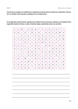147
Repaso de la unidad
DGEP
Construye en equipo un modelo de un segmento corto de adn con diversos materiales. Presen-
ten su modelo ante el grupo y expliquen sus componentes.
En la siguiente sopa de letras, localiza los nombres de tres procesos celulares y el nombre de los
organelos donde se llevan a cabo. Anótalos abajo, explicando cada uno de ellos:
S E M I C O N T S E R V A T I
G O L G I D E R I B O S O M A
L I S E S T R A D U C C I O N
A E R U X I S N D O P L A S M
C I T O P L A S M A R E T I C
D U P L I C A C I O N C L O R
R E A C C I O R E T I N O S O
L I T I O N H I D R O G E N V
E S C L O R O P L A S T O S B
V O L M I T O C O N D R I A S
P L A S M A T I C A L A N I N
C O N U C L E O R G A N E L O
A C O N D I C N O R M A L E S
______________________________________________________________________
______________________________________________________________________
______________________________________________________________________
______________________________________________________________________
______________________________________________________________________
______________________________________________________________________
______________________________________________________________________
 