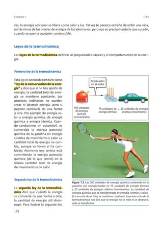 152
Unidad 7 UAS
res, la energía adicional se libera como calor y luz. Tal vez te parezca extraño describir una vela,
en términos de los niveles de energía de los electrones, pero eso es precisamente lo que sucede,
cuando se quema cualquier combustible.
Leyes de la termodinámica
Las leyes de la termodinámica definen las propiedades básicas y el comportamiento de la ener-
gía.
Primera ley de la termodinámica
Esta ley es conocida también como
“ley de la conservación de la ener-
gía” y dice que si no hay aporte de
energía, la cantidad total de ener-
gía se mantiene constante. Los
procesos ordinarios no pueden
crear ni destruir energía, pero si
pueden cambiarla de una forma
a otra. Por ejemplo de energía so-
lar a energía química, de energía
química a energía térmica. Cuan-
do conducimos un automóvil, es
convertida la energía potencial
química de la gasolina en energía
cinética de movimiento y calor. La
cantidad total de energía no cam-
bia, aunque su forma si ha cam-
biado. Asimismo una tenista está
convirtiendo la energía potencial
química (de lo que comió) en la
misma cantidad total de energía
de movimiento y de calor.
Segunda ley de la termodinámica
La segunda ley de la termodiná-
mica dice que cuando la energía
se convierte de una forma a otra,
la cantidad de energía útil dismi-
nuye. Para ilustrar la segunda ley,
Figura 7.2 Las 100 unidades de energía química contenida en la
gasolina son transformadas en 75 unidades de energía térmica
y 25 unidades de energía cinética (movimiento). La cantidad de
energía química que es transformada en energía cinética y calorí-
fica en esta deportista, se mantiene constante. La primera ley de la
termodinámica nos dice que la energía no se crea ni se destruye,
solo se transforma.
 