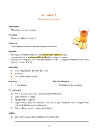 198
Actividad 10
Elaboración de vinagre
		
Habilidades
Manipular, observar, comprar.
Problema
¿Cómo se elabora el vinagre?
Estrategia
Durante esta actividad, elaborarás vinagre de manzana.
Hipótesis
El vinagre se elabora mediante una fermentación alcohólica (leva-
dura) seguida de una fermentación acética (bacteriana) en un me-
dio adecuado: mosto de uva, zumo de manzana o malta. El vinagre suele tener 5-6 % de ácido
acético y un pH = 2.5-3.5.
Materiales
l Frasco de plástico o de vidrio de 2 litros
l 1 cuchillo
l Una tela de magitel nueva
Reactivos
l ½ litro de agua
Procedimiento
1. Pica la manzana en pedazos de aproximadamente 1cm3
.
2. Deposítalos en el frasco.
3. Agrega el agua y agítalo.
4. Déjalo reposar hasta que percibas el olor del vinagre (compáralo con el vinagre comer-
cial). De 8-15 días, aproximadamente.
5. Filtra en la tela magitel y desecha los sólidos.
Análisis
1. ¿Qué porcentaje de ácido acético contiene el vinagre?
________________________________________________________________________
Material biológico
l Un kilogramo de manzanas
 