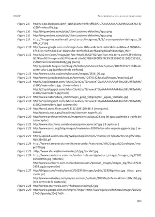203
Procedencia de las ilustraciones
DGEP
Figura 2.5 http://4.bp.blogspot.com/_kzbh1ADhcNw/StyfflE3P7I/AAAAAAAAACM/tMDQcK7s2-E/
s320/moleculilla.jpg
Figura 2.6. http://img.webme.com/pic/c/cibercuaderno-delosfmq/agua.png
Figura 2.8. http://img.webme.com/pic/c/cibercuaderno-delosfmq/agua.png
Figura 2.9. http://imagenes.mailxmail.com/cursos/imagenes/4/8/la-composicion-del-agua_38
284_2_2.jpg
Figura 2.10 http://www.google.com.mx/images?um=1&hl=es&client=safari&rls=en&biw=1280&bih=
874&tbs=isch%3A1&sa=1&q=cubo+de+hielo&aq=f&aqi=g3&aql=&oq=&gs_rfai=
Figura 2.12 http://p2.trrsf.com/image/get?src=http%3A%2F%2Fvgn-live-mia.terra.com%2Fwebimg
%2FPeru%2FImagenes%2FVida+y+Estilo%2FD6%2F0D%2FE9%2F50140311202039528_
e5fb09carrorecalentado01g.jpg (carro)
http://uploads.blogia.com/blogs/b/bi/bio/biodieselchile/upload/20071010201948-ali-
cante-solar1.jpg (calefacción de edificios)
Figura 2.13 http://www.sacha.org/envir/bosques/images/1556_06.jpg
Figura 2.14 http://www.juntadeandalucia.es/averroes/~29701428/salud/images/anacircu2.gif
Figura 2.16 http://2.bp.blogspot.com/-MuIxC3u4c2o/TZrvuwzKTCI/AAAAAAAAAF4/nUSEU9RTwhM/
s1600/Invernadero.jpg ( invernadero )
http://2.bp.blogspot.com/-MuIxC3u4c2o/TZrvuwzKTCI/AAAAAAAAAF4/nUSEU9RTwhM/
s1600/Invernadero.jpg (hielo)
Figura 2.17 http://www.natureduca_com/images_geog_fot/geogFOT_aguas_termales.jpg
Figura 2.18 http://2.bp.blogspot.com/-MuIxC3u4c2o/TZrvuwzKTCI/AAAAAAAAAF4/nUSEU9RTwhM/
s1600/Invernadero.jpg ( sudoración)
Figura 2.19 http:/farm2.static.flickr.com/1312/1204120446-3 (mosquito).
http://ciencia.nasa.gou/headlines/y (tensión superficial).
Figura 2.20 http://www.profesorenlinea.cl/imagenciencias/agua03.png (el agua asciende a través del
tubo capilar)
Figura 2.21 http://www.doschivos.com/trabajos/quimica/viscte7.jpg ( 3 capilares )
Figura 2.22 http://www.zenzi.org/blog-imagen/noviembre-2010/arbol-alto-sequoia-gigante.jpg ( se-
quoia)
Figura 2.23 http://upload.wikimedia.org/wikipedia/commons/thumb/1/17/Na%2BH2O.gif/250px-
Na%2BH2O.gif
Figura 2.24 http://www.tareaescolar.net/tareaescolar/naturales/el%20agua%20archivos/ima-
ge020.jpg
Figura 2.25 http://www.ehu.es/biomoleculas/ph/jpg/escala2.jpg
Figura 2.26 http://www.sanborns.com.mx/sanborns/assets/product_images/images_big/7501
165002906.jpg (tabletas)
http://www.sanborns.com.mx/sanborns/assets/product_images/images_big/750107231
0392.jpg (suspensión)
Figura 2.27 http://bligoo.com/media/users/2/103545/images/public/13339/phtiras.jpg (tiras para
medir pH)
http://www.metostep.com/es/wp-content/uploads/30050-ph-fix-in-aktion-150x150.jpg
(tira dentro de la sustancia)
Figura 2.28 http://orbita.starmedia.com/~hidroparano/img32.jpg
Figura 2.29 http://www.google.com.mx/imgres?imgurl=http://www.jano.es/ficheros/images/20/20v
27n04/grande/20v27n04-
 