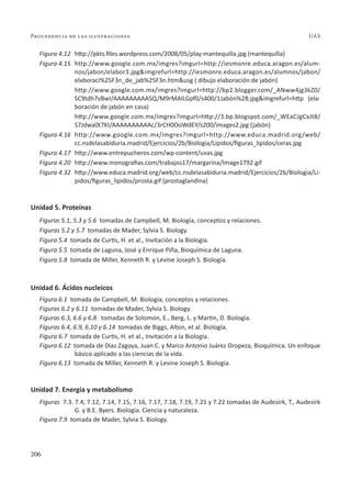 206
Procedencia de las ilustraciones UAS
Figura 4.12 http://pkts.files.wordpress.com/2008/05/play-mantequilla.jpg (mantequilla)
Figura 4.15 http://www.google.com.mx/imgres?imgurl=http://iesmonre.educa.aragon.es/alum-
nos/jabon/elabor3.jpg&imgrefurl=http://iesmonre.educa.aragon.es/alumnos/jabon/
elaboraci%25F3n_de_jab%25F3n.htm&usg ( dibujo elaboración de jabón)
http://www.google.com.mx/imgres?imgurl=http://bp2.blogger.com/_ANww4jg3kZ0/
SC9tdh7vBwI/AAAAAAAAASQ/M9rMAlLGpf0/s400/1Jabón%2B.jpg&imgrefurl=http (ela-
boración de jabón en casa)
http://www.google.com.mx/imgres?imgurl=http://3.bp.blogspot.com/_WEaCJgCxJt8/
S7Jdwa0t7KI/AAAAAAAAAAc/3rCH0OoWdEY/s200/images2.jpg (jabón)
Figura 4.16 http://www.google.com.mx/imgres?imgurl=http://www.educa.madrid.org/web/
cc.nsdelasabiduria.madrid/Ejercicios/2b/Biologia/Lipidos/figuras_lipidos/ceras.jpg
Figura 4.17 http://www.entrepucheros.com/wp-content/uvas.jpg
Figura 4.20 http://www.monografias.com/trabajos17/margarina/Image1792.gif
Figura 4.32 http://www.educa.madrid.org/web/cc.nsdelasabiduria.madrid/Ejercicios/2b/Biologia/Li-
pidos/figuras_lipidos/prosta.gif (prostaglandina)
Unidad 5. Proteínas
Figuras 5.1, 5.3 y 5.6 tomadas de Campbell, M. Biología, conceptos y relaciones.
Figuras 5.2 y 5.7 tomadas de Mader, Sylvia S. Biology.
Figura 5.4 tomada de Curtis, H. et al., Invitación a la Biología.
Figura 5.5 tomada de Laguna, José y Enrique Piña, Bioquímica de Laguna.
Figura 5.8 tomada de Miller, Kenneth R. y Levine Joseph S. Biología.
Unidad 6. Ácidos nucleicos
Figura 6.1 tomada de Campbell, M. Biología, conceptos y relaciones.
Figuras 6.2 y 6.11 tomadas de Mader, Sylvia S. Biology.
Figuras 6.3, 6.6 y 6.8 tomadas de Solomon, E., Berg, L. y Martin, D. Biología.
Figuras 6.4, 6.9, 6.10 y 6.14 tomadas de Biggs, Alton, et al. Biología.
Figura 6.7 tomada de Curtis, H. et al., Invitación a la Biología.
Figura 6.12 tomada de Díaz Zagoya, Juan C. y Marco Antonio Juárez Oropeza, Bioquímica. Un enfoque
básico aplicado a las ciencias de la vida.
Figura 6.13 tomada de Miller, Kenneth R. y Levine Joseph S. Biología.
Unidad 7. Energía y metabolismo
Figuras 7.3. 7.4, 7.12, 7.14, 7.15, 7.16, 7.17, 7.18, 7.19, 7.21 y 7.22 tomadas de Audesirk, T., Audesirk
G. y B.E. Byers. Biología. Ciencia y naturaleza.
Figura 7.9 tomada de Mader, Sylvia S. Biology.
 