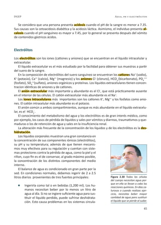 45
Agua, ph y electrólitos
DGEP
Se considera que una persona presenta acidosis cuando el pH de la sangre es menor a 7.35.
Sus causas son la cetoacidosis diabética y la acidosis láctica. Asimismo, el individuo presenta al-
calosis cuando el pH sanguíneo es mayor a 7.45, por lo general se presenta después del vómito
de contenidos gástricos ácidos.
Electrólitos
Los electrólitos son los iones (cationes y aniones) que se encuentran en el líquido intracelular y
extracelular.
El líquido extracelular es el más estudiado por la facilidad para obtener sus muestras a partir
del suero de la sangre.
En la composición de electrólitos del suero sanguíneo se encuentran los cationes Na+
(sodio),
K+
(potasio), Ca++
(calcio), Mg++
(magnesio) y los aniones Cl-
(cloruro), HCO3
-
(bicarbonato), PO4
+++
(fosfato), SO4
++
(sulfato), aniones orgánicos y proteínas. Los líquidos extracelulares tienen concen-
tracion idénticas de aniones y de cationes.
El anión extracelular más importante y abundante es el Cl-
, que está prácticamente ausente
en el interior de las células. El catión extracelular más abundante es el Na+
.
Los iones intracelulares más importantes son los cationes K+
, Mg++
y los fosfatos como anio-
nes. El catión intracelular más abundante es el potasio.
El anión común a ambos compartimientos, aunque es más abundante en el líquido extracelu-
lar, es el HCO3
-
.
El conocimiento del metabolismo del agua y los electrólitos es de gran interés médico, como
por ejemplo, los casos de pérdida de líquidos y sales por vómitos y diarreas, traumatismos y que-
maduras o los de retención de agua y sales en la insuficiencia renal.
La alteración más frecuente de la concentración de los líquidos y de los electrólitos es la des-
hidratación.
Los líquidos corporales muestran una gran constancia en
la concentración de sus componentes iónicos (electrólitos),
su pH y su temperatura; además de que tienen mecanis-
mos muy efectivos para su regulación y cuentan con siste-
mas protectores contra la pérdida de agua, como la piel y el
riñon, cuyo fin es el de conservar, al grado máximo posible,
la concentración de los distintos componentes del medio
interno.
El balance de agua es condicionado en gran parte por la
sed. En condiciones normales, debemos ingerir de 2 a 2.5
litros diarios provenientes de tres fuentes principales:
l Ingerirla como tal o en bebidas (1,200 ml). Los hu-
manos necesitan beber por lo menos un litro de
agua al día. Si no se ingiere suficiente agua para sus-
tituir el líquido perdido, puede sufrirse deshidrata-
ción. Esto causa problemas en los sistemas circula-
Figura 2.30 Todas las células
del cuerpo necesitan agua por-
que en ella se llevan a cabo las
reacciones químicas. En días ca-
lurosos o cuando realizas ejer-
cicio, necesitas beber mayor
cantidad de agua para sustituir
el líquido que se pierde al sudar.
 