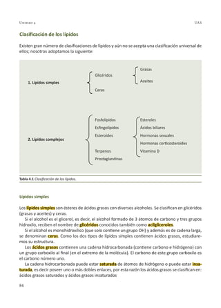 84
Unidad 4 UAS
Clasificación de los lípidos
Existen gran número de clasificaciones de lípidos y aún no se acepta una clasificación universal de
ellos; nosotros adoptamos la siguiente:
1. Lípidos simples
Glicéridos
Ceras
Grasas
Aceites
2. Lípidos complejos
Fosfolípidos
Esfingolípidos
Esteroides
Terpenos
Prostaglandinas
Esteroles
Ácidos biliares
Hormonas sexuales
Hormonas corticosteroides
Vitamina D
Lípidos simples
Los lípidos simples son ésteres de ácidos grasos con diversos alcoholes. Se clasifican en glicéridos
(grasas y aceites) y ceras.
Si el alcohol es el glicerol, es decir, el alcohol formado de 3 átomos de carbono y tres grupos
hidroxilo, reciben el nombre de glicéridos conocidos también como acilgliceroles.
Si el alcohol es monohidroxílico (que solo contiene un grupo OH) y además es de cadena larga,
se denominan ceras. Como los dos tipos de lípidos simples contienen ácidos grasos, estudiare-
mos su estructura.
Los ácidos grasos contienen una cadena hidrocarbonada (contiene carbono e hidrógeno) con
un grupo carboxilo al final (en el extremo de la molécula). El carbono de este grupo carboxilo es
el carbono número uno.
La cadena hidrocarbonada puede estar saturada de átomos de hidrógeno o puede estar insa-
turada, es decir poseer uno o más dobles enlaces, por esta razón los ácidos grasos se clasifican en:
ácidos grasos saturados y ácidos grasos insaturados
Tabla 4.1 Clasificación de los lípidos.
 