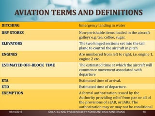 05/10/2016 CREATED AND PRESENTED BY KONSTANTINOS KANTERAKIS 18
AVIATION TERMS AND DEFINITIONS
DITCHING Emergency landing in water
DRY STORES Non-perishable items loaded in the aircraft
galleys e.g. tea, coffee, sugar.
ELEVATORS The two hinged sections set into the tail
plane to control the aircraft in pitch
ENGINES Are numbered from left to right, i.e. engine 1,
engine 2 etc.
ESTIMATED OFF-BLOCK TIME The estimated time at which the aircraft will
commence movement associated with
departure
ETA Estimated time of arrival.
ETD Estimated time of departure.
EXEMPTION A formal authorization issued by the
Authority providing relief from pan or all of
the provisions of a JAR, or JARs. The
authorization may or may not be conditional
 