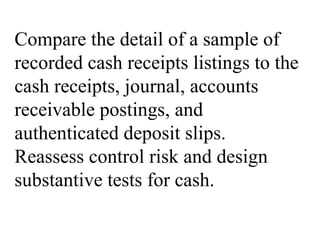 Compare the detail of a sample of
recorded cash receipts listings to the
cash receipts, journal, accounts
receivable postings, and
authenticated deposit slips.
Reassess control risk and design
substantive tests for cash.
 