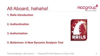 Tomek Rabczak, Jeff Jarmoc - Going AUTH the Rails on a Crazy Train
All Aboard, hahaha!
1. Rails Introduction
2. Authentica...