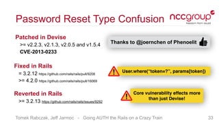 Tomek Rabczak, Jeff Jarmoc - Going AUTH the Rails on a Crazy Train
Password Reset Type Confusion
Patched in Devise
>= v2.2...
