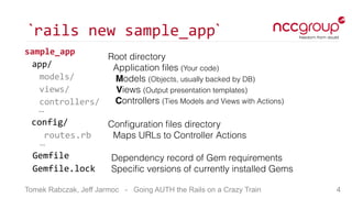 Tomek Rabczak, Jeff Jarmoc - Going AUTH the Rails on a Crazy Train
`rails  new  sample_app`
sample_app  
app/  
models/  
...
