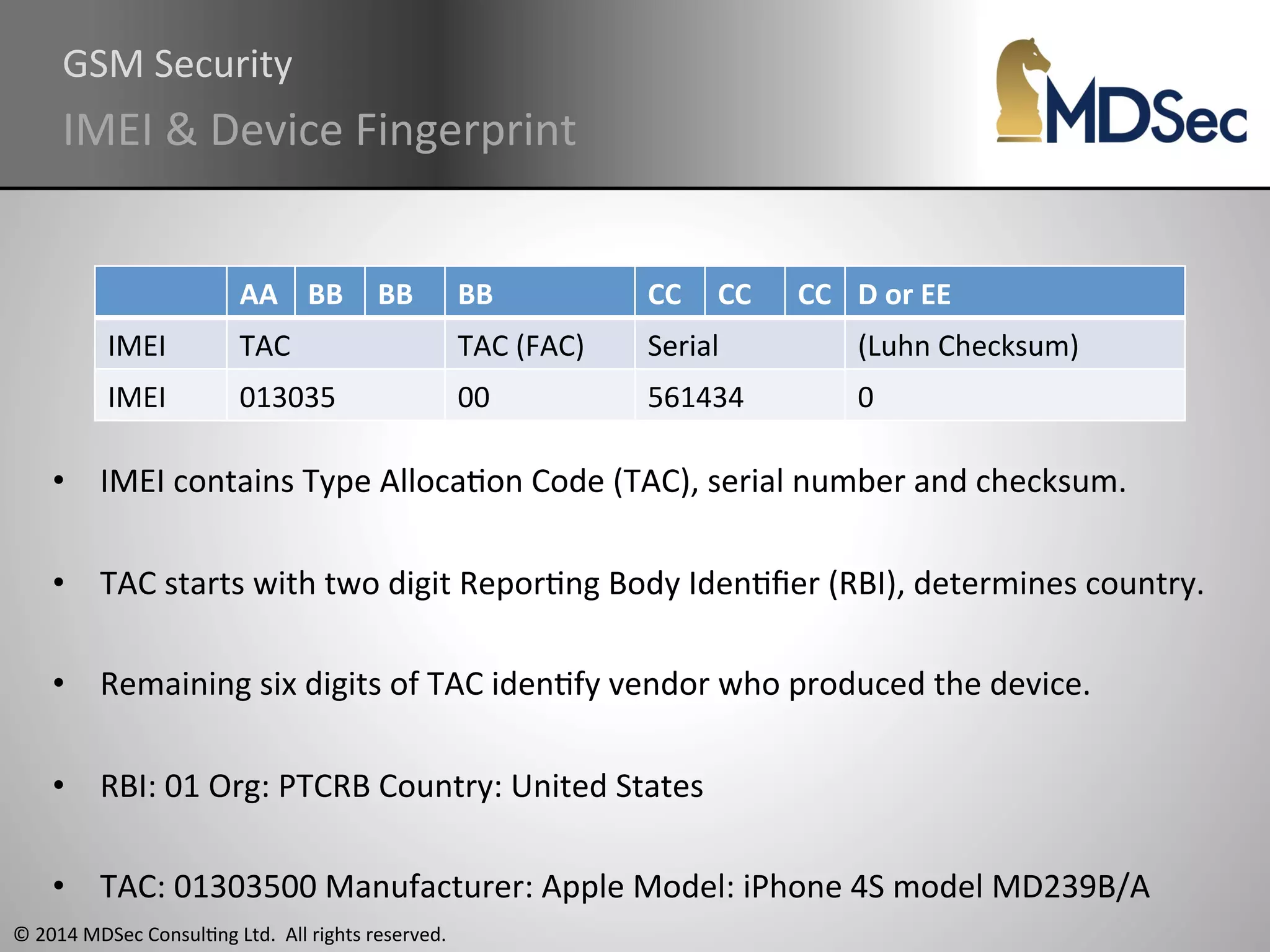 GSM 
Security 
IMEI 
& 
Device 
Fingerprint 
IMEI 
TAC 
TAC 
(FAC) 
Serial 
(Luhn 
Checksum) 
IMEI 
013035 
00 
561434 
0 
• IMEI 
AA 
BB 
BB 
BB 
CC 
CC 
CC 
D 
or 
EE 
contains 
Type 
AllocaAon 
Code 
(TAC), 
serial 
number 
and 
checksum. 
• TAC 
starts 
with 
two 
digit 
ReporAng 
Body 
IdenAfier 
(RBI), 
determines 
country. 
• Remaining 
six 
digits 
of 
TAC 
idenAfy 
vendor 
who 
produced 
the 
device. 
• RBI: 
01 
Org: 
PTCRB 
Country: 
United 
States 
• TAC: 
01303500 
Manufacturer: 
Apple 
Model: 
iPhone 
4S 
model 
MD239B/A 
© 
2014 
MDSec 
ConsulAng 
Ltd. 
All 
rights 
reserved. 
 