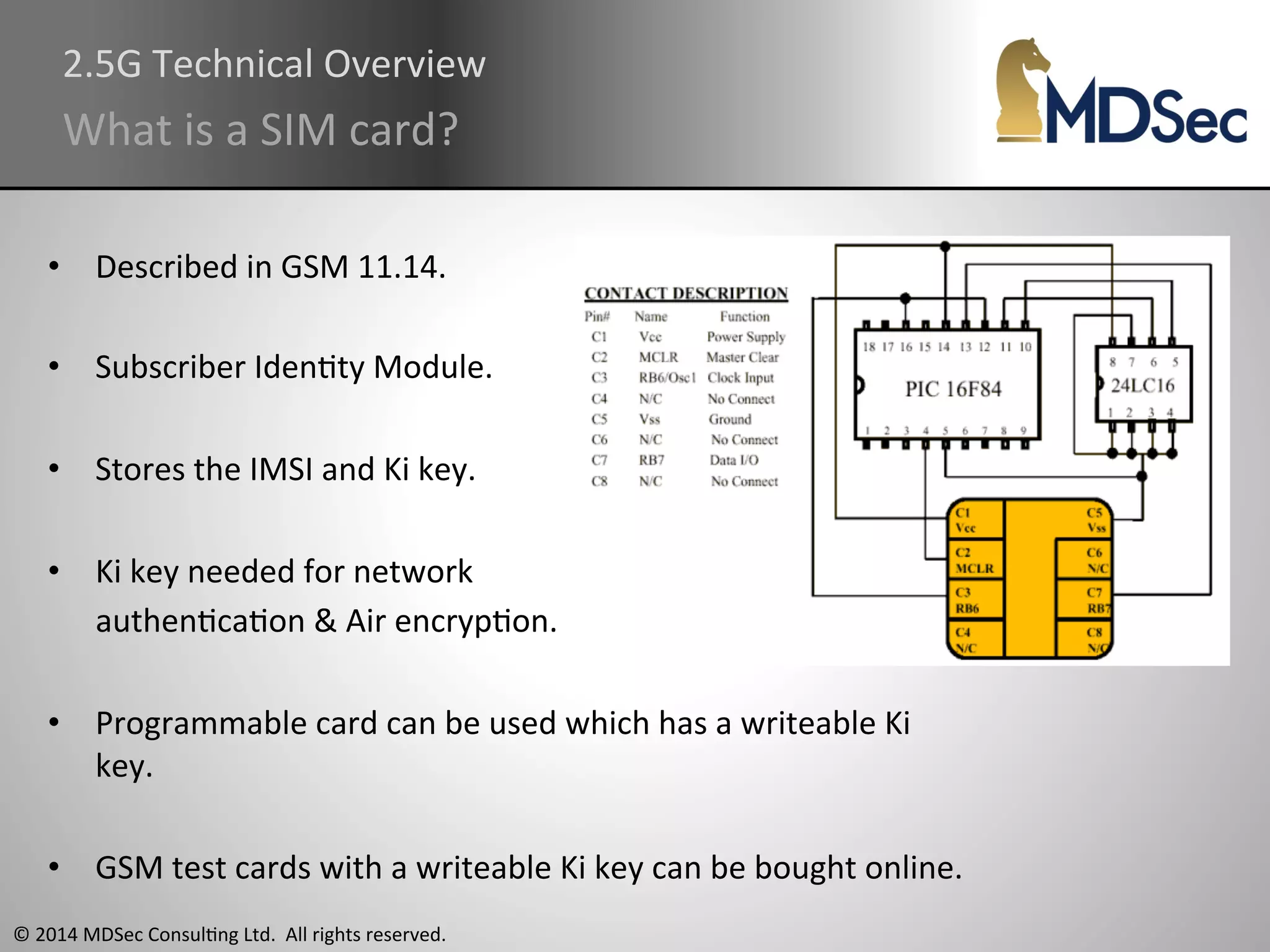2.5G 
Technical 
Overview 
What 
is 
a 
SIM 
card? 
• Described 
in 
GSM 
11.14. 
• Subscriber 
IdenAty 
Module. 
• Stores 
the 
IMSI 
and 
Ki 
key. 
• Ki 
key 
needed 
for 
network 
authenAcaAon 
& 
Air 
encrypAon. 
• Programmable 
card 
can 
be 
used 
which 
has 
a 
writeable 
Ki 
key. 
• GSM 
test 
cards 
with 
a 
writeable 
Ki 
key 
can 
be 
bought 
online. 
© 
2014 
MDSec 
ConsulAng 
Ltd. 
All 
rights 
reserved. 
 