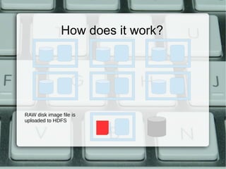 How does it work? 
RAW disk image file is 
uploaded to HDFS 
 