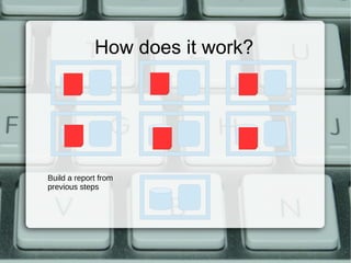 How does it work? 
Build a report from 
previous steps 
 