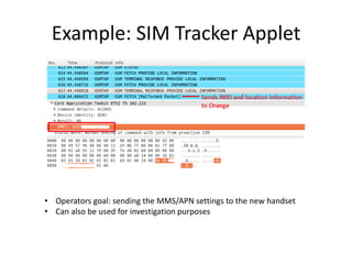 Example: SIM Tracker Applet

• Operators goal: sending the MMS/APN settings to the new handset
• Can also be used for inve...