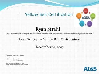 Yellow Belt Certification
Ryan Strahl
has successfully completed all North American Continuous Improvement requirements for
Lean Six Sigma Yellow Belt Certification
December 10, 2015
Certified by: Mary Beth Henning
Lean Six Sigma Master Black Belt
North America Continuous Improvement
 