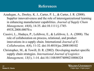 References
17
Robert E. Davis
Azadegan, A., Dooley, K. J., Carter, P. L., & Carter, J. R. (2008).
Supplier innovativeness and the role of interorganizational learning
in enhancing manufacturer capabilities. Journal of Supply Chain
Management, 44(4), 14-35. doi:10.1111/j.1745-
493X.2008.00070.x
Cassivi, L., Hadaya, P., Lefebvre, E., & Lefebvre, L. A. (2008). The
role of collaboration on process, relational, and product
innovations in a supply chain. International Journal of E-
Collaboration, 4(4), 11-32. doi:10.4018/jec.2008100102
Christopher, M., & Towill, D. R. (2002). Developing market specific
supply chain strategies. International Journal of Logistics
Management, 13(1), 1-14. doi:10.1108/09574090210806324
 