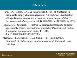 References
19
Robert E. Davis
Harms, D., Hansen, E. G., & Schaltegger, S. (2013). Strategies in
sustainable supply chain management: An empirical investigation
of large German companies. Corporate Social Responsibility &
Environmental Management, 20(4), 205-218. doi:10.1002/csr.1293
Ismail, H. S., & Sharifi, H. (2006). A balanced approach to building
agile supply chains. International Journal of Physical Distribution
& Logistics Management, 36(6), 431-444.
doi:10.1108/09600030610677384
Mentzer, J. T., Myers, M. B., & Stank, T. P. (Eds.). (2007).
Handbook of global supply chain management. Thousand Oaks,
CA: Sage.
 